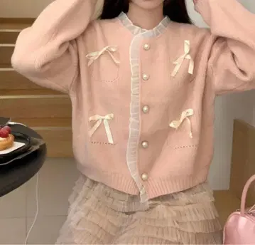 리본으로 감싼 밀키 가디건 핑크 한국 프렌치 걸리시