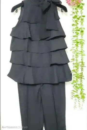 새상품 프릴 팬츠 수트 티어드 플레어 슬릿 팬츠 리본 칼라 레어