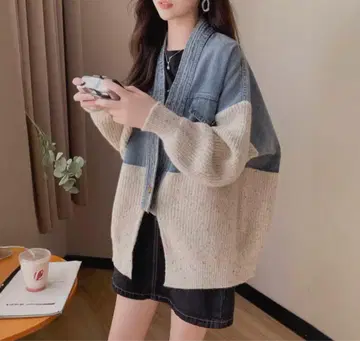 데님 절개 네프 니트 가디건 캐주얼 겉옷 뤼미에 같은 형태