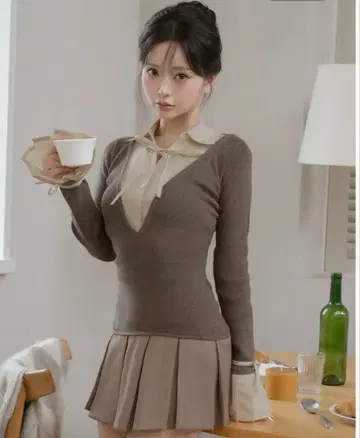 Darich 다리치 셔츠 도킹 플리츠 미니 원피스 모카 MOC