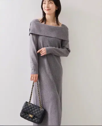 비대칭 오프숄더 리브 니트 아름다운 실루엣 원피스 그레이 VIS