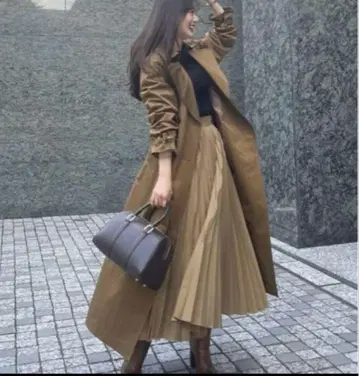 anauans 볼륨 슬리브 트렌치코트 롱 베이지 브라운