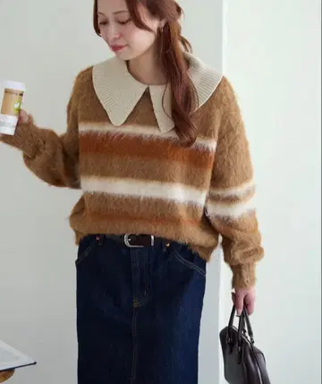 디스코트 [옷맵시 니트] 샤기 보더 브라운 계열 카라 부착