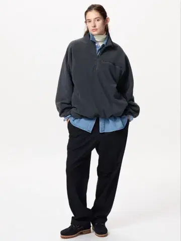 L 유니클로 플리스 오버사이즈 하프 지퍼 풀오버