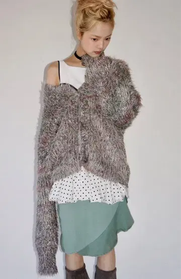 musubore 라메 페더 얀 가디건