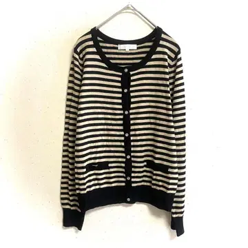 그로브 가디건(M) 보더 무늬 성숙/러블리 U넥 노카라 워셔블