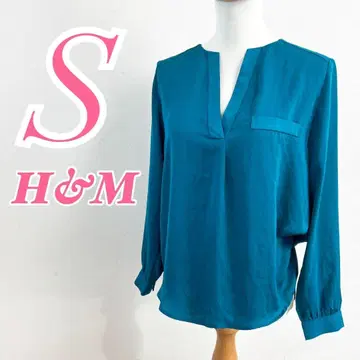 H&M 에이치앤엠 터콰이즈 블루 긴팔 블라우스 S V넥 깔끔한