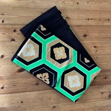 빈티지 후쿠로 오비 실크 팔각형 꽃무늬 블랙 그린