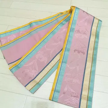 [하카타 오리] 순수 실크 약간 국기풍 리버서블 반폭 오비 백합