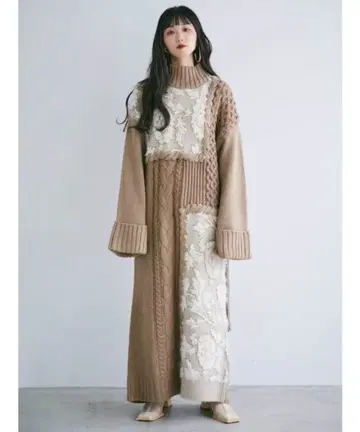 MURUA YUKKO 자카드 블록 원피스 베이지 FREE