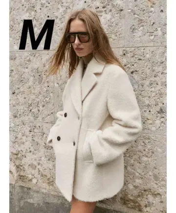 ZARA 부클 더블 브레스트 미디 기장 코트 에크루 M