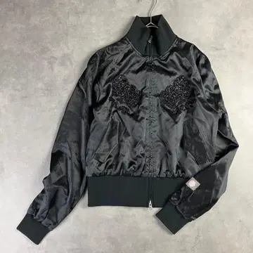 SHUZO HAYASHI 실크 스카잔 블랙 플라워 자수 비즈 자수 실크