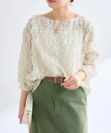 (새상품급) 리브 드와 컷 자카드 시어 블라우스 사이즈: FREE 베이지