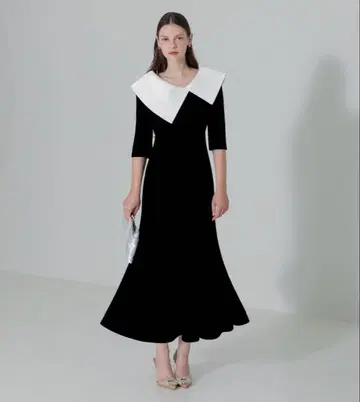 [ LEJA ] 배색 비대칭 빅 칼라 벨로아 머메이드 실루엣 드레스