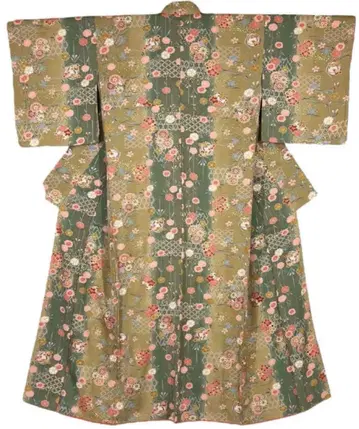 코몬 화려한 고전 무늬 이중 기모노 순수 실크 기장 163cm