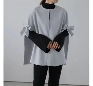 AMELY 사이드 리본 케이프 코트 그레이 판초