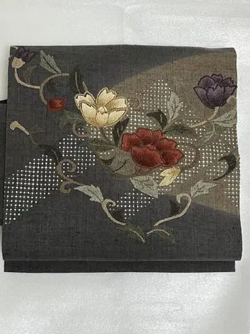 나고야 오비 총 자수 당화 문양 다크 그레이 바탕 시스루 바탕 샤레 오비