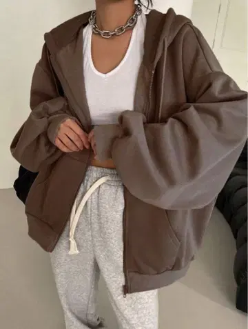 커피 브라운 후드 부착 지퍼 후드티