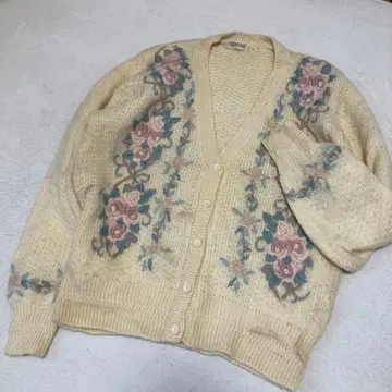 레트로 걸리시 구제 의류 꽃 자수 가득 가디건 펄 아이보리 사이즈 L