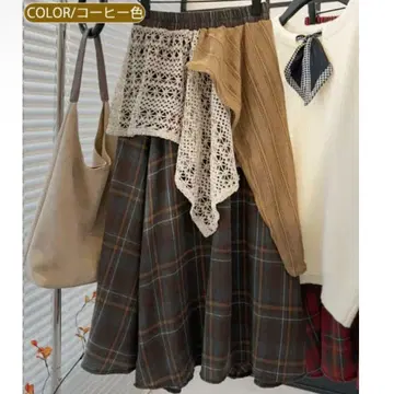 LADY LIKE 레이어 디자인 체크 롱 스커트 스커트 커피