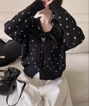 도트 가디건 리본