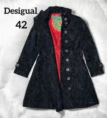 Desigual 데시구알 올 패턴 코트 롱 코트 블랙 빨간색 안감 개성적