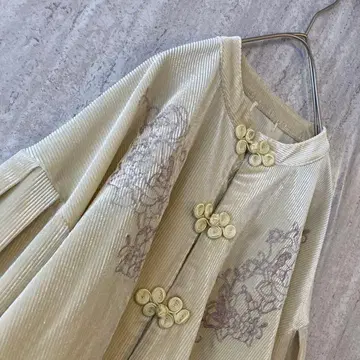 빈티지 블라우스 자수 벨로아풍 레트로 차이나 버튼 크림