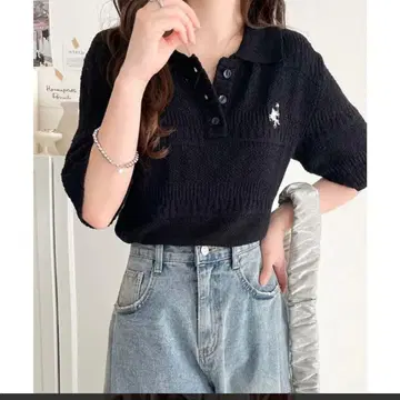 클래식 엘프 자수 부클레 폴로 니트탑