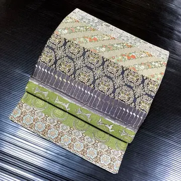 순수 실크 전 통 후쿠로 오비 [ 가로 줄무늬 작은 꽃 동물 문양 ]