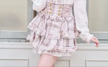 LIZLISA 사다리 리본 체크 티어드 치마바지 핑크