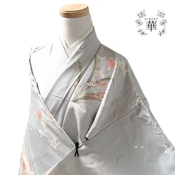 1240 기모노 이중 기모노 순수 실크 호몬기 블루 그레이 꽃무늬