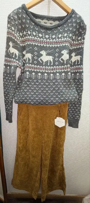 구제 MIX 코디 2점 묶음 판매 루돌프 무늬 니트 코듀로이 팬츠