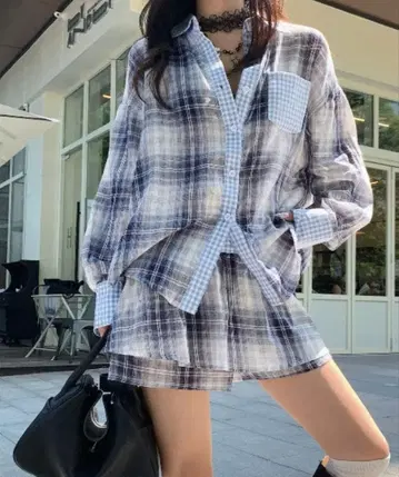 Y2K 체크 무늬 셔츠 포함 벌룬 스커트 2종 세트