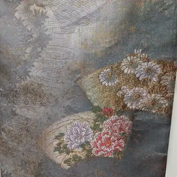 고급 후쿠로 오비 부채와 모란 꽃무늬 자수