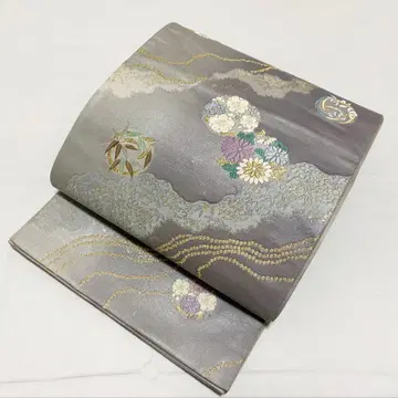 A 꽃들 무늬 금실 그레이 순수 실크 육통 후쿠로 오비 포멀 O22