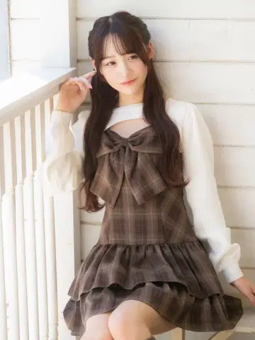 evelyn 에블린 브라운 체크 무늬 리본 포함 미니 원피스