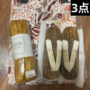 utatane 유카타 애프리콧 오렌지 x 겨자 (오비) 일본 나막신 3점