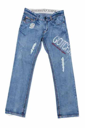 GOTCHA 데미지 가공 블루 데님 팬츠 스트레이트 자수