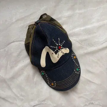 EVISU 데님 메쉬 캡 화이트 갈매기 데님 캡 카모플라쥬 비즈