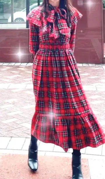 jouetie (쥬에티) 리본 타이 체크 롱 원피스 (빨간색)