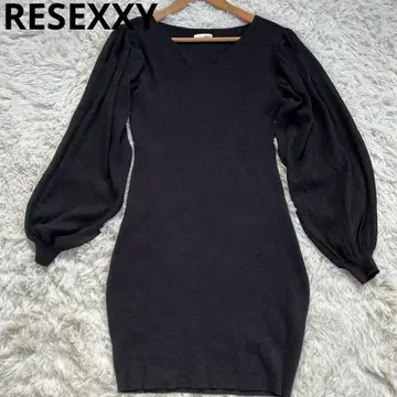 RESEXXY V넥 니트 원피스 쉬폰 소매 퍼프 슬리브 블랙