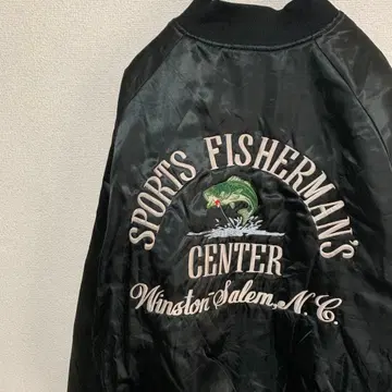 80s 90s 나일론 바시티 자켓 블랙 베스 낚시 낚시 자수