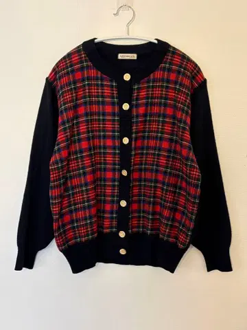 80s 90s 빈티지 체크 무늬 골드 버튼 가디건