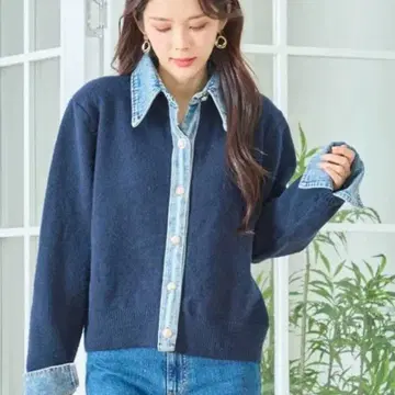 [ 신상 ] 데님 카라 소매 데님 깔끔한 색상의 가디건 네이비