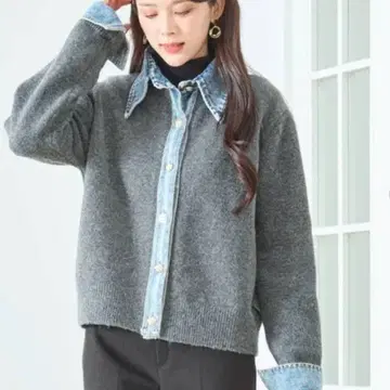 [ 신상 ] 데님 카라 소매 데님 예쁜 색 가디건 차콜 그레이