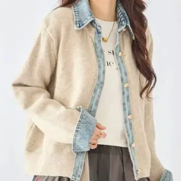 [ 신상 ] 데님 카라 소매 데님 예쁜 색 가디건 아이보리