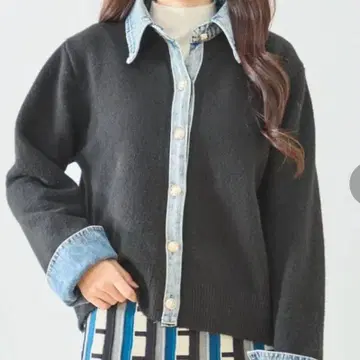 [ 신상 ] 데님 카라 소매 데님 깔끔한 색상의 가디건 블랙