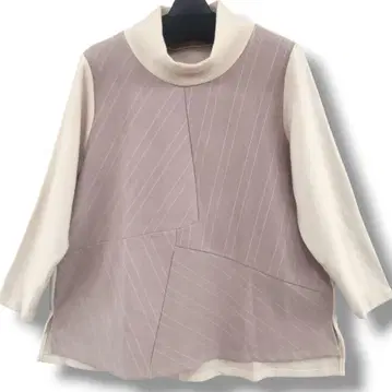 튜닉 베이지 하이넥 스트라이프 티셔츠 상의 풀오버