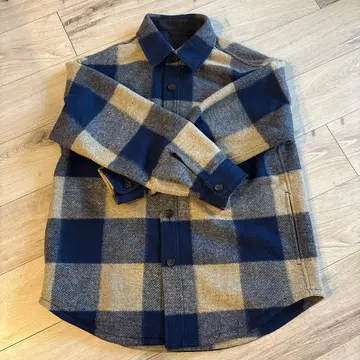 네이비 베이지 체크 무늬 셔츠 자켓