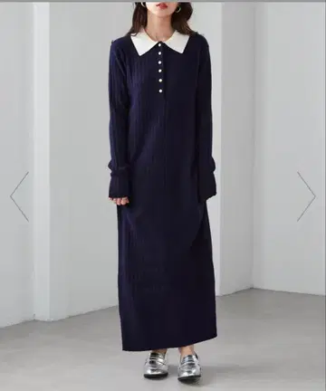 Ranan 폴로 칼라 리브 니트 원피스 네이비